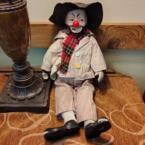 Vtg Porcelain Premier Dolls Hobo Elliot Clown Doll with Hat & Scarf Signed